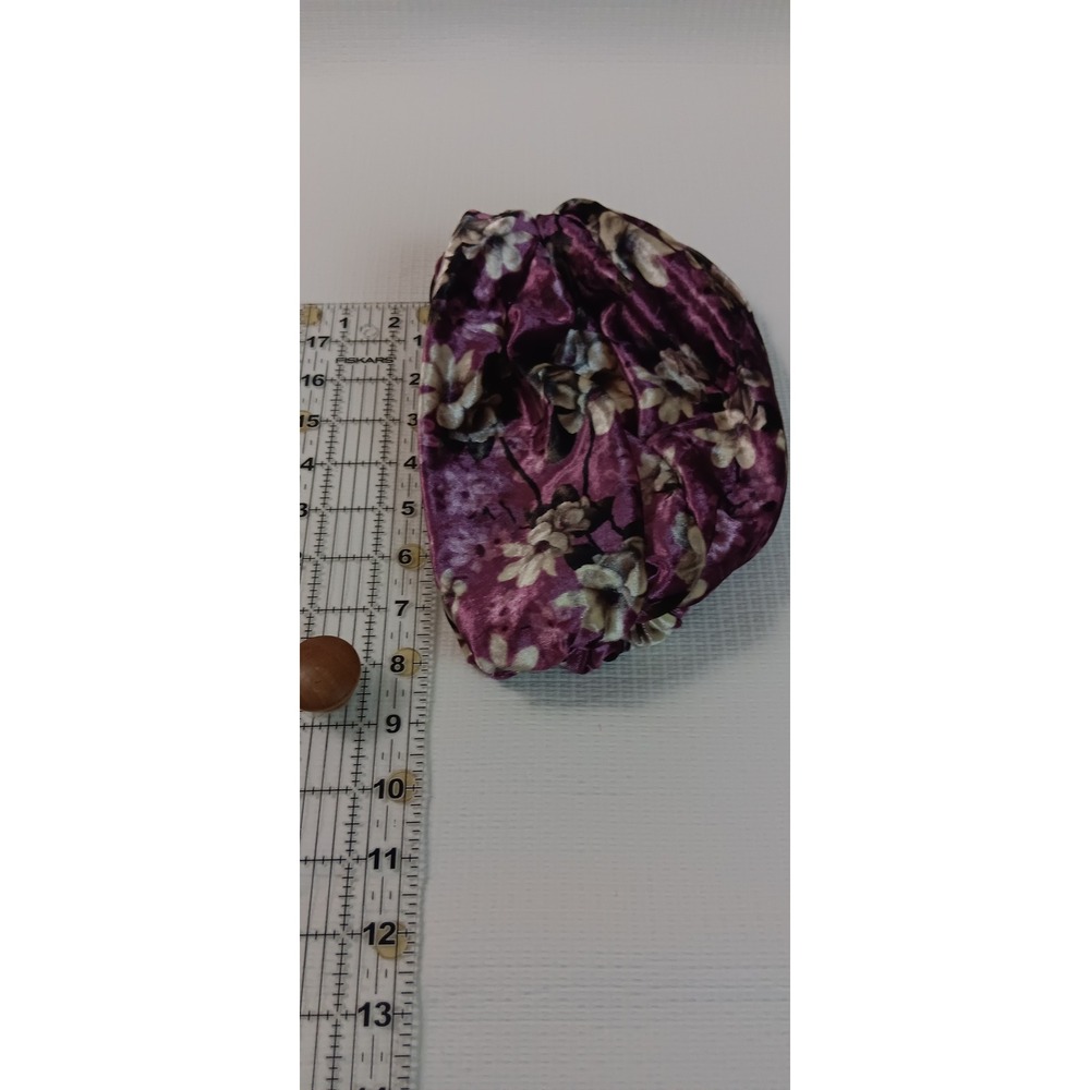 Purple‎ Floral Velvet Front Twist Turban Stretch Headpiece Hijab Cap Modest Wear - Picture 4 of 5